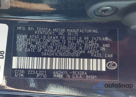 2025 Lexus Es 300H from USA, damaged, VIN 58ADA1C16SU070787